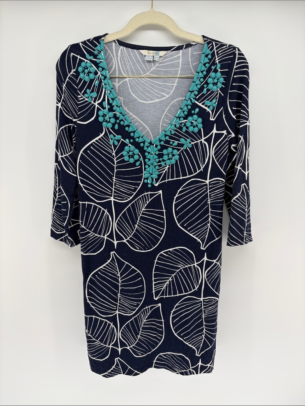 Boden Navy Leaf Print V-Neck Dress w/ Turquoise Beaded Embellished Trim 2P Petit